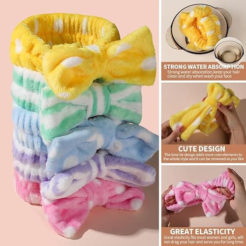 Teenitor 5pcs Makeup Headband with Removable Bow, Spa Headband for Washing Face for Teen Girls Women, Gifts Basket for Teens Girls Party, Skin Care Hairband thumbnail 3