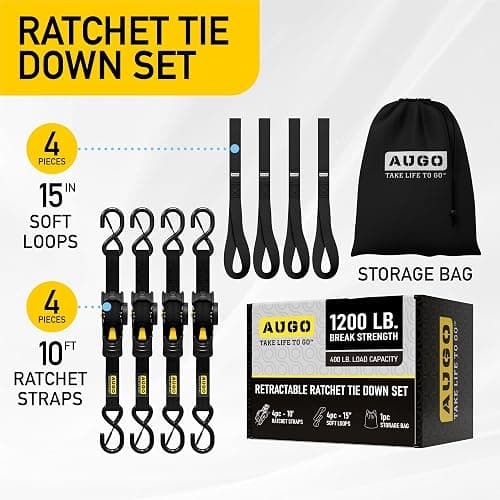 AUGO Retractable Ratchet Straps | 4 Heavy Duty Ratchet Straps Self Retractable Tie Down Straps with Soft Loops & Storage Bag for Motorcycle, Truck, Trailer, Cargo Van | 1200 Lb Break Strength 1” x 10’ thumbnail 4