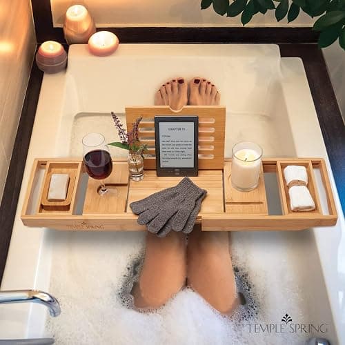 Temple Spring Bamboo Bathtub Tray Caddy for Tub — Expandable Wood Bath Tray with Solid Book Stand Wine Holder and Non-Slip Pads — Includes Bamboo Soap Dish and Spa Accessories — Luxury Bath Gift Set thumbnail 2