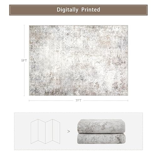 Srugn Washable Rugs 5x7 Area Rugs for Living Room,Modern Abstract Rugs for Bedroom,Large Carpets,Ultra Soft Faux Wool Retro Dining Room Rug,Non Slip&Non-Shedding Low Pile Print Rug- Beige Grey thumbnail 2