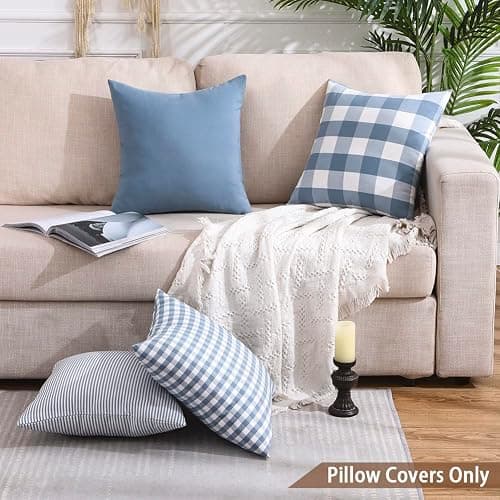CARRIE HOME Light Blue Farmhouse Buffalo Plaid Pillow Covers 18x18 Set of 2 Patio Outdoor Decor Neutral Checkered Pillow Covers 18 x 18, Blue and White Gingham thumbnail 2