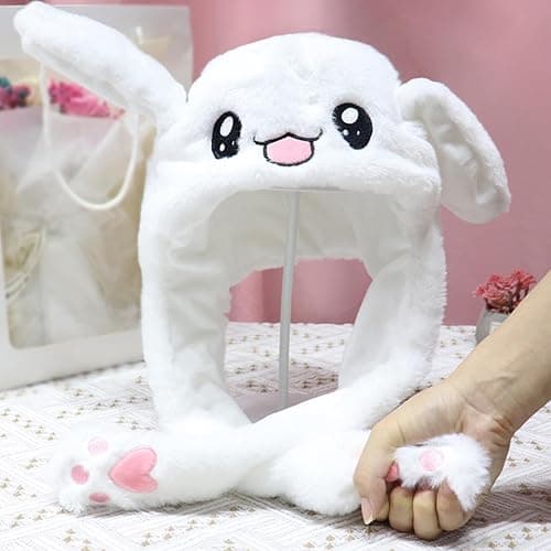 GWAWG Funny Plush Bunny Hat Ear Moving Jumping Rabbit Cute Animal Flap Cap Stitch Hat for Women Girls Children Party Holiday Halloween Easter Christmas Birthday Dressup Cosplay Costume Gift - White thumbnail 6
