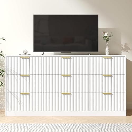NOVAMAISON White Dresser for Bedroom with 9 Drawers, 63” Wide White Fluted Dresser Modern Chest of Drawers with Gold Handles, Wooden TV Stand Storage Organizer for Bedroom, Living Room thumbnail 7