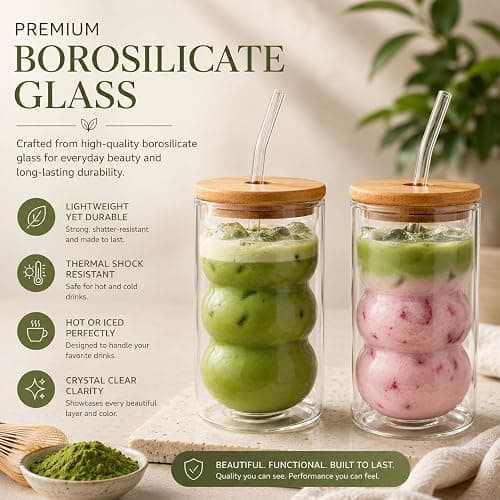 HAPPY PATH & CO. 2 Double Wall Glass Cups with Lids and Straws 16oz (480ml) - Glasses Drinking Set | Glass Tumbler with Bamboo Lid | Ribbed Bubble Glass Cups for Matcha, Coffee and Other Smoothies thumbnail 4