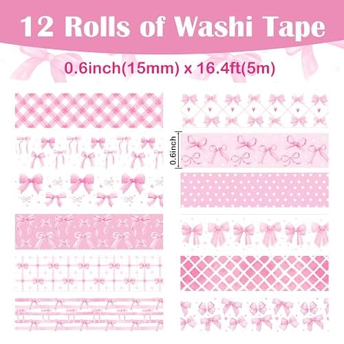 Resflyar 12 Rolls Pink Bow Washi Tape, Bowknot Plaid Adhesive Masking Tapes Decorative Pink Coquette Paper Tape for Scrapbook Journal Planners DIY Art Crafts Gift Wrapping 16.4FT thumbnail 2