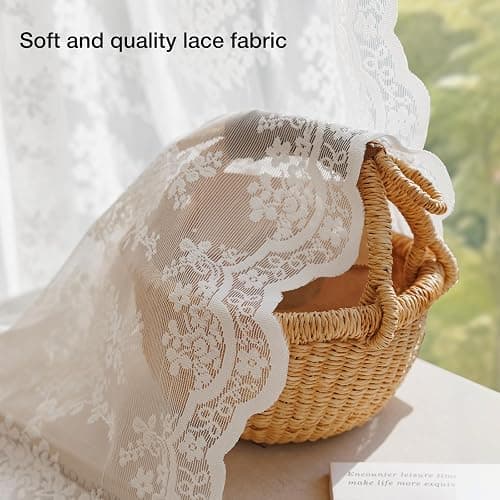 Anmao Vintage White Lace Curtains 45 Inches Long 2 Panels Set, Romantic Elegant Light Filtering Semi Sheer Floral Thick Lacy Curtain Drapes for Living Room and Bedroom, Each Panel 55W x 45L, Off White thumbnail 5