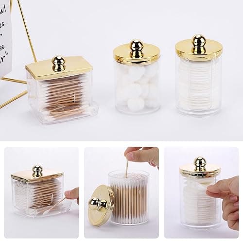 Tbestmax 3 Pack Qtips Dispenser - Bathroom Organizers and Storage Containers, Plastic Apothecary Jars with Gold Lids for Cotton Ball Swab Round Pads, Floss - Gold thumbnail 5