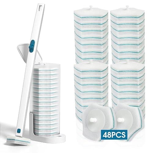 Disposable Toilet Brush with 48 PCS Refills, Disposables Toilets Cleaning System with Handle, Storage Caddy and 48Toilet Bowl Refill Heads for Bathroom Cleaning - Image 1