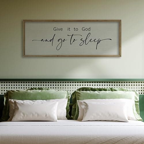 FZMHASLWW Give It To God And Go To Sleep Sign Above Bed Wall Decor 32"×12" Master Bedroom Over Bed Rustic Bible Verse Christian God Holy Catholic Farmhouse Horizontal Wall Art (Wood) thumbnail 5
