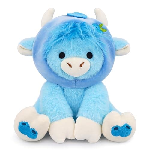 JIZWPOOM Highland Cow Plush-8inch Blueberry Highland Cow Stuffed Animal, Cute Stuffed Toys with Blueberry Removable Hood Doll, Kawaii Soft Decorations Stuffy Gift for Kids Girls Boys Toddler Birthday - Image 1