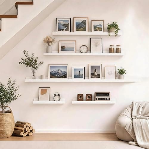 24inch Long Floating Shelves for Wall Decor, 5-Set Shelves with Lip, White | Display Picture Ledge Shelf, Anti-drop lip Wood Shelf for Room Wall Mounted, Bedroom Bathroom Storage Nursery Book,Easy Setup thumbnail 9