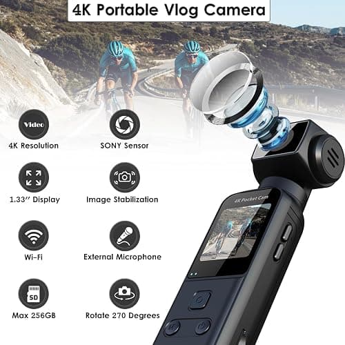 ydi Cámara Corporal 4K con Micrófono Externo, Video y Audio Mini Pocket CAM Rotación 270° Cámara para Deporte, Bicicleta, Viajes, Grabación Policial, 64 GB Incluidos thumbnail 2