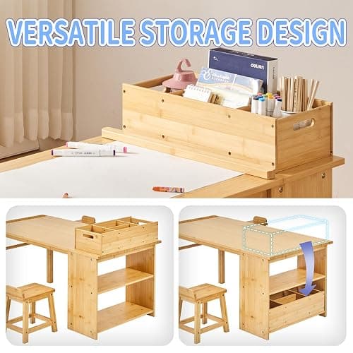 UNICOO Kids Art Table and Chair Set with Paper Roll Holder, Toddler Craft Table with Storage Shelves, Side Supply Tray, Removable Organizer Caddy and 2 Stools, Drawing Activity Desk for Ages 2-12 thumbnail 5