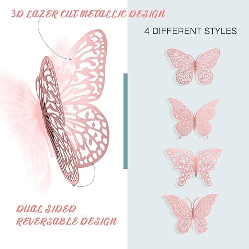 3D Pink Butterfly Wall Decor 3 Sizes 4 Styles Butterfly Party Decorations Cake Decorations Removable Stickers Wall Decor Room Mural Metallic Kids (Pink, 48Pcs) thumbnail 4