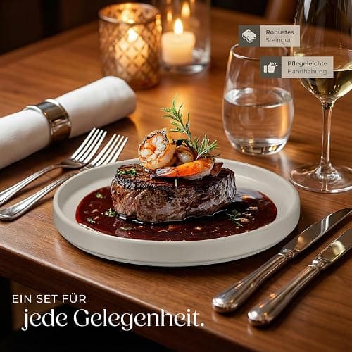 tectake® 24-tlg. Geschirrset, Tafelservice 6 Personen, Steingut Geschirr Set, Teller Set mit Schalen, Speiseteller, Frühstücksteller, tiefe Teller und Schüsseln - taupe thumbnail 2