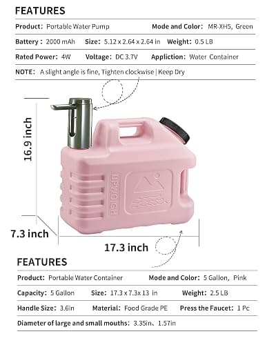 UPWOIGH 5 Gallon Water Jug with Rechargeable Touch Pump | Coral Pink, Screw-Lock Leakproof Design, Nature-Inspired Carving, Type-C Rechargeable, Camping Hiking Use thumbnail 3