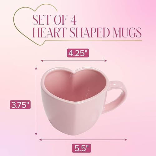 Paris Hilton Heart Shaped Ceramic Mug Set, Chic Stoneware Coffee Mugs for Coffee, Tea, Hot Cocoa, Microwave and Dishwasher Safe, 4-Piece, 14-Ounce, Pink thumbnail 3
