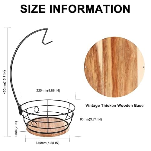 Livabber Countertop Fruit Basket Bowl with Banana Hanger, Modern Standing Fruit Vegetable Bowl Storage, with Banana Tree Holder for Kitchen Dinning Table (Round Wood, Black) thumbnail 3