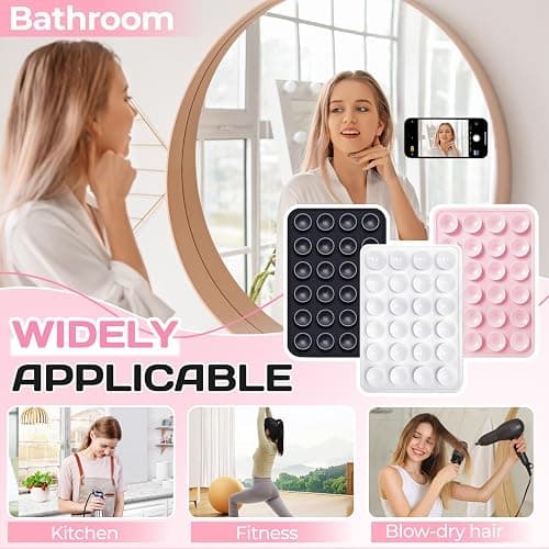 2PCS Silicone Double-Sided Suction Phone Case Mount,Strong Grip Holder Phone Accessories for Smartphones,Hands-Free Mirror Shower Phone Stand for Selfies (Transparent & Pink) thumbnail 7