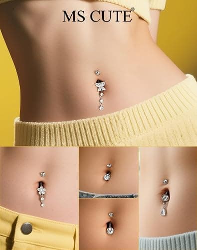 MS CUTE 5PCS Belly Button Rings for Women 14G Dangle Navel Piercing Jewelry Set Surgical Stainless Steel Body Jewelry with CZ Butterfly Flower Teardrop Barbell for Beach Festival Daily thumbnail 2