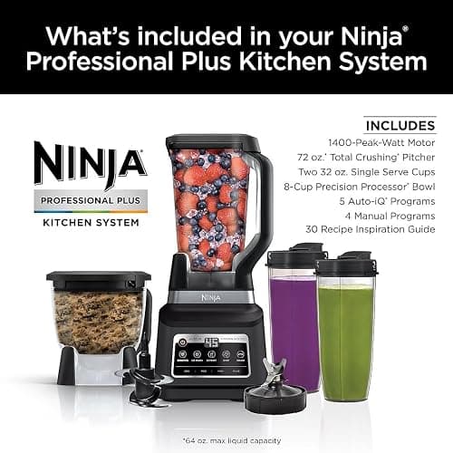 Ninja BN805A Pro Plus Kitchen System, 1400W, 5-in-1: Smoothies, Chop, Dough, Auto IQ, 72oz Blender Pitcher, 64oz Processor Bowl, 2x32oz Cups, Black thumbnail 4