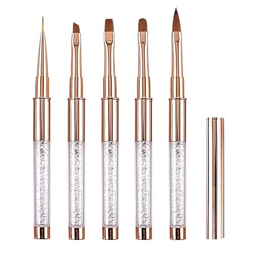 Pinceau Nail Art Ongles Gel Professionnel avec Capuchon Bouchon - LEA-SHALL 5 Pièces Pinceaux Fin Liner/Plat/Rond/Acrylique French pour Ongle Peinture Acrylique UV Construction Set ã Brosses Strass - Image 1