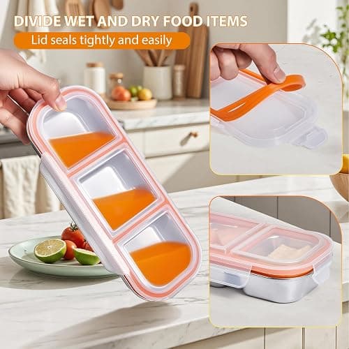 Etvski Stainless Steel Snack Box Container - 2 Pack Bento Box for Kids & Adults, 3 Compartment Leak-Proof Snack Containers with Lids (Orange) thumbnail 6