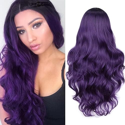 Maripabon Purple Ombre Long Wavy Wig Middle Part Mixed Black and Purple Ombre Wig for Women 29.5 Inch Mermaid Colorful Wigs Heat Resistant Synthetic Wigs for Daily Cosplay Party - Ombre Purple thumbnail 2