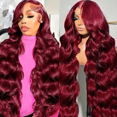 30 Inch Burgundy Wig Human Hair 13x6 99j Body Wave Lace Front Wigs Human Hair Pre Plucked Red Wig for Women 180 Density,100% Real Human Hair No Synthetic Blend No Tangle No Shedding Triple Lifespan 3X - Image 1