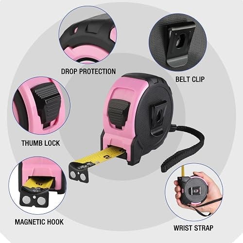 WORKPRO 25FT Pink Tape Measure, 1/8 Fractions Easy Read Measuring Tape, Retractable Nylon Coating Measurement Tape Accuracy 1/32, Magnetic Hook, Belt Clip, Rubber Protective Casing - Pink Ribbon thumbnail 2