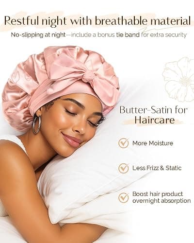 YANIBEST Silk Satin Bonnet for Sleeping Double Layer Hair Bonnet with Tie Band for Curly Natural Hair, Heart Print thumbnail 2