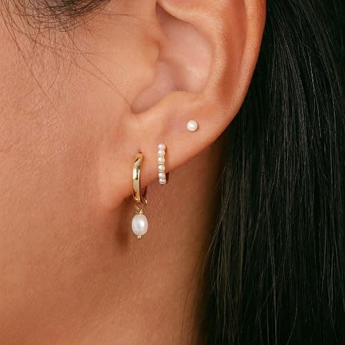 GUOKE 3 Pairs Small Hoop Earring Stacks, 14K Gold/Silver/Black/Rose Gold Plated Pearl Heart Butterfly Bow Star Moon Leaf CZ Hoop Charm Huggie Earrings Trendy Jewelry Gift for Women thumbnail 2