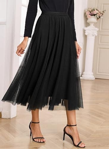 Happy Sailed Womens Tulle Skirt Fall Fashion Elastic High Waisted A-Line Layered Flowy Long Tutu Skirts Date Night Outfits thumbnail 5