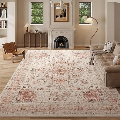 LIDALL 8x10 Orange Washable Area Rug for Living Room, Vintage Print | Rug for Bedroom, Dining Room, Home Office, Non Slip Low Pile Carpet - Image 1