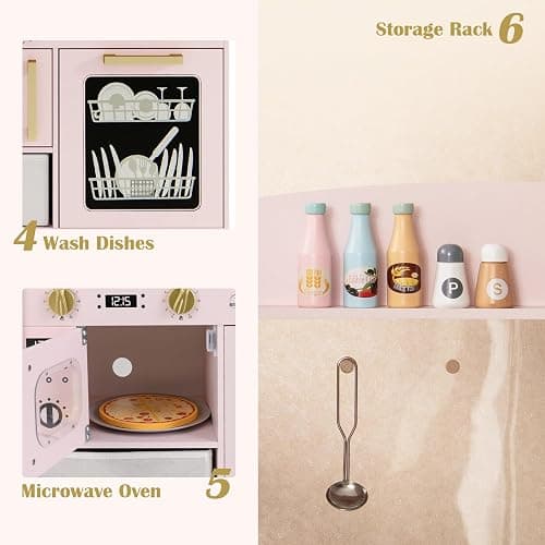 INFANS Kids Kitchen Playset, Toddler Wooden Pretend Cooking Toy Set with Acrylic Drawing Board Ice Machine Dishwasher Cloth Drawer Stove Removable Sink Simulation Play Kitchen for Boys Girls thumbnail 4