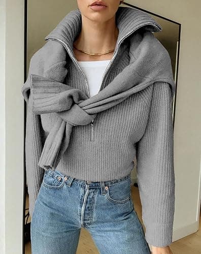 BTFBM Womens Sweaters Quarter Zip Pullover V Neck Collar Long Sleeve Ribbed Knit Loose Casual 2025 Winter Fall Sweater thumbnail 2