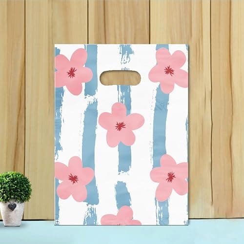 Joyhey 100 Count 5.8" x 7.8" Plastic Merchandise Bags, Shopping Retail Boutique Bags with Die Cut Handles - Striped Flowers thumbnail 4