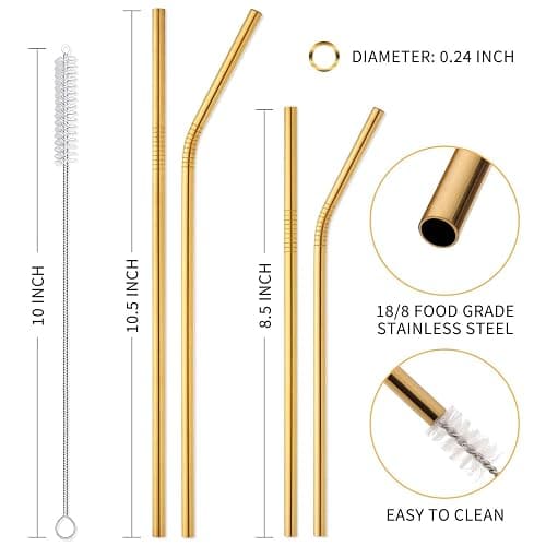 Hiware 12-Pack Gold Stainless Steel Straws Reusable with Case - Metal Drinking Straws for 30oz & 20oz Tumblers Dishwasher Safe, 2 Brushes Included thumbnail 3