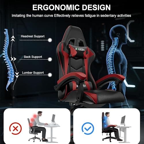 Bigzzia Ergonomic Gaming Chair With Speakers Lumbar and Headrest Cushions | Built-in Bluetooth Speakers, 360° swivel, High-density Padding, up to 110kg for Adults (Red) thumbnail 6