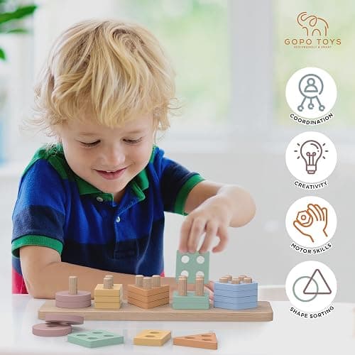 GOPO TOYS Montessori Toys for 1+ Year Old – Wooden Shape Sorter & Stacking Puzzle – Toddler Learning, Fine Motor Skills & Developmental Toy for Boys & Girls thumbnail 5