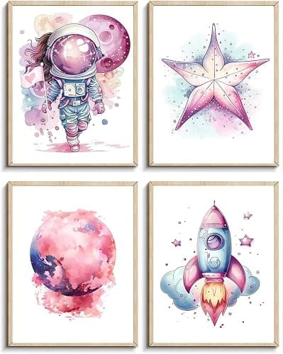 MOCVSWO Pink Outer Space Wall Art Prints,Watercolour Star Rocket Astronaut Posters for Nursery Decor Girls Room Decor Kids Bedroom Boys Playroom Classroom Decor,Set Of 4 (8X10inch,Unframed). - Image 1