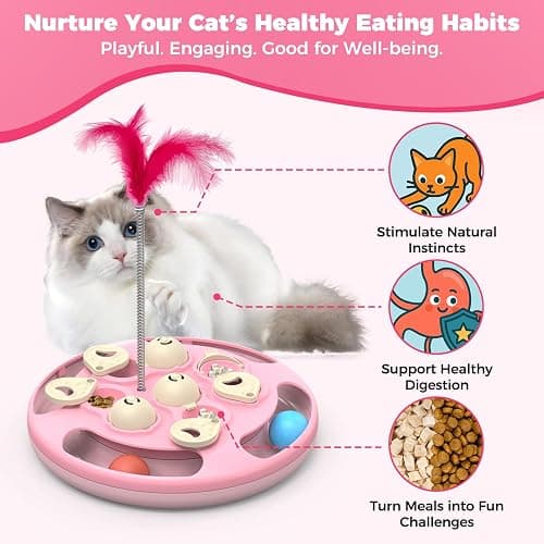 CGBD 3 in 1 Cat Treat Puzzle Feeder, Level 3 Interactive Cat Puzzle Toy with Track Balls, Feather Teaser & Slow Feeder Insert, Non-Slip Base, Mental Stimulation for Bored Indoor Cats, Pink thumbnail 5