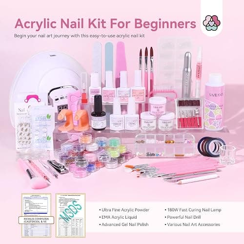 Saviland Acrylic Nail Kit for Beginners: Keratin Acrylic Powder Castor Oil Vitamin E Gel Nail Polish Primer 180W Nail Lamp Nail Drill Full Tools Everything Home Starters thumbnail 2