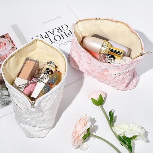 SOIDRAM 2 Pieces Flower Makeup Bag Large Floral Cosmetic Bag Capacity Canvas Travel Toiletry Bag Organizer Cute Makeup Brushes Aesthetic Accessories Storage Bag for Women, Flower L White Pink - Embossed pink flower thumbnail 5
