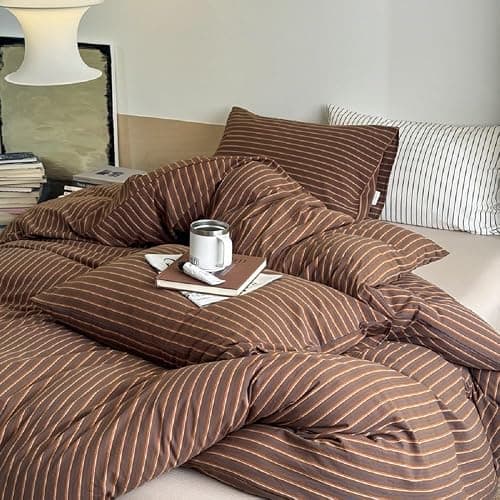 Lanqinglv Bettwäsche 135x200 cm Braun Gestreift Allergiker Bettwäsche aus Microfaser, ÖKO-TEX Bettwäsche Set - Bettbezug mit Reißverschluss und 1 Kissenbezug 80x80 cm thumbnail 2