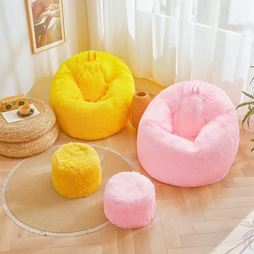 Pink fluffy bean bag chair covers (No Filler), comfy Plush Pink bean bag chair Cover for bedroom, stuffed animal Storage, kids adults teens girls bean bag chairs, Anti-Slip thumbnail 9