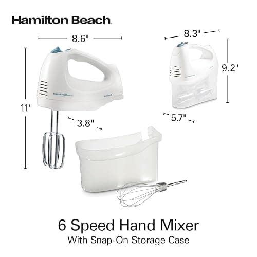 Hamilton Beach 6-Speed Electric Hand Mixer with Whisk, Traditional Beaters, Snap-On Storage Case, 250 Watts, White thumbnail 3