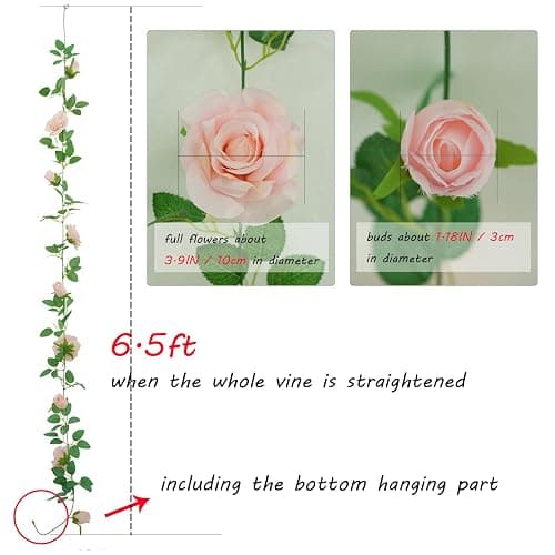 Felice Arts 2 Pack Pink Artificial Rose Garland Each 6.5FT Fake Rose Vine Hanging Floral Garland for Wedding Swing Table Centerpiece Arrangement Decor thumbnail 3