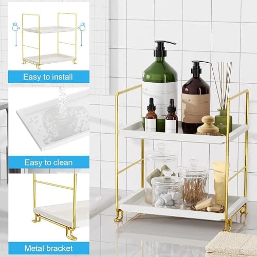 FSyueyun 2-Tier Bathroom Countertop Organizer, Tool-Less Installation Premium Plastics Makeup Shelf Organizer Perfume Skincare for Dresser Vanity Tray Organizers and Storage (Gold) thumbnail 3
