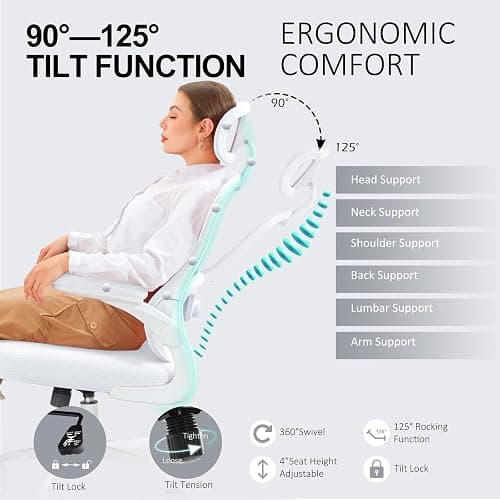 TUKAKA Ergonomic Office Chair,Ultra Thick Spring Cushion Desk Chair,White | Adjustable Lumbar Support and Headrest,Flip-up Arms,Rocking Function,Mesh Home Office Computer Chair thumbnail 6